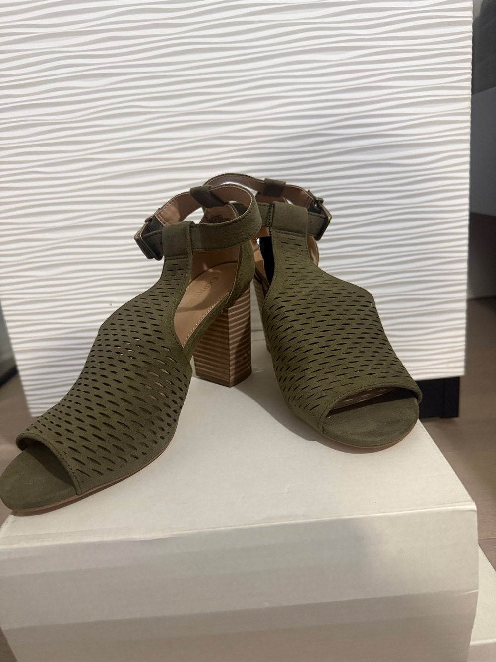 Express Olive Open-Toe Perforated Ankle Booties with Block Heel